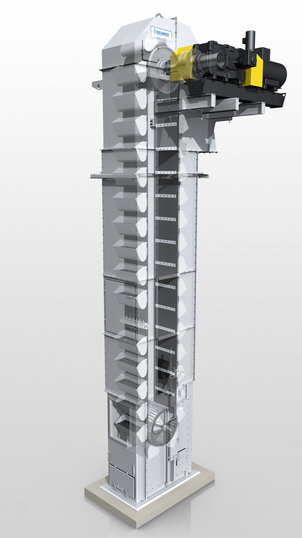 The BEUMER high-capacity belt bucket elevators are used for transporting in optimal way fine-grain to powdery products in mass flows.